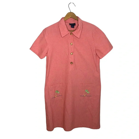 Vintage Dresses & Skirts - Vintage 90s Blue J. Pop Over Collared Shirt Dress Embroidered Palm Tree Pockets